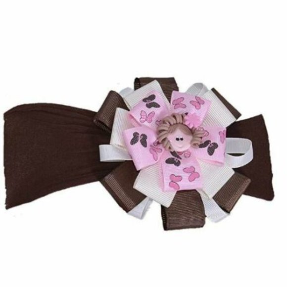 Baby Headband, Girl's Hairband Brown, White & Pink with Doll Face - Picture 2 of 2